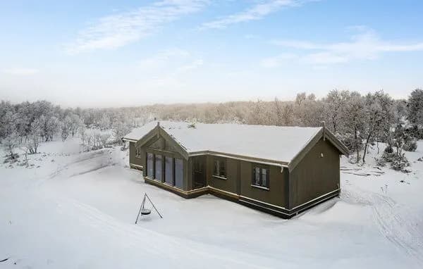 Hytta i vinterlandskap sett ovenfra — mørk tømmerfasade med store gavlvinduer, omgitt av snø og rimkledd fjellbjørk.