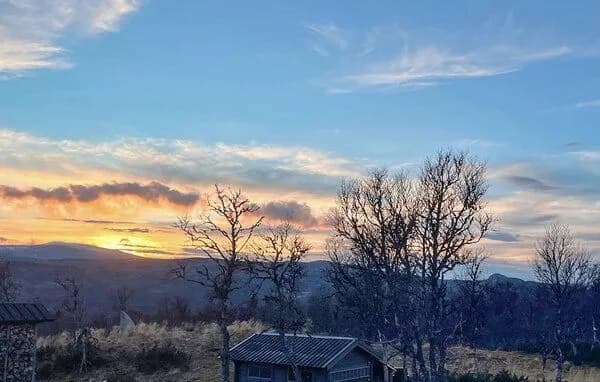 Solnedgang over fjellene med silhuetter av fjellbjørk og et hyttetak i forgrunnen.